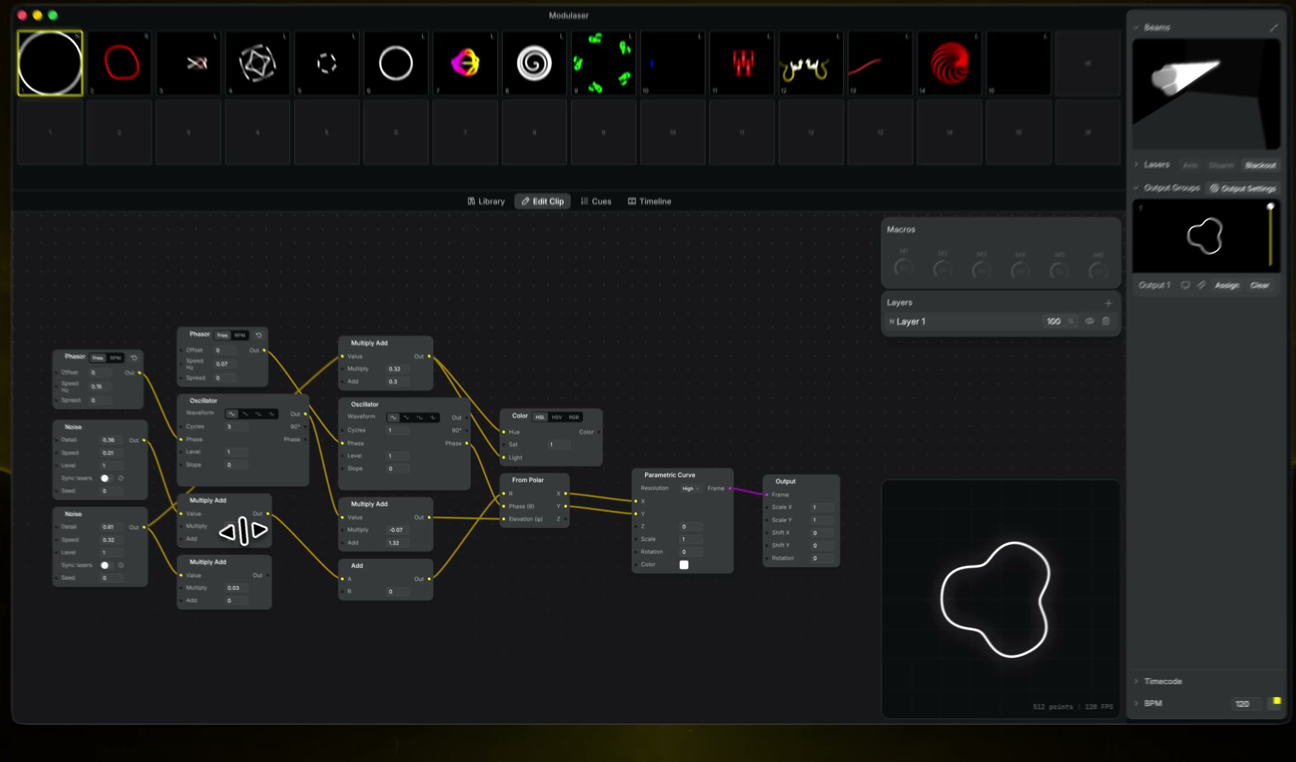 Modulaser 2 node graph editor, building a laser patch in real-time